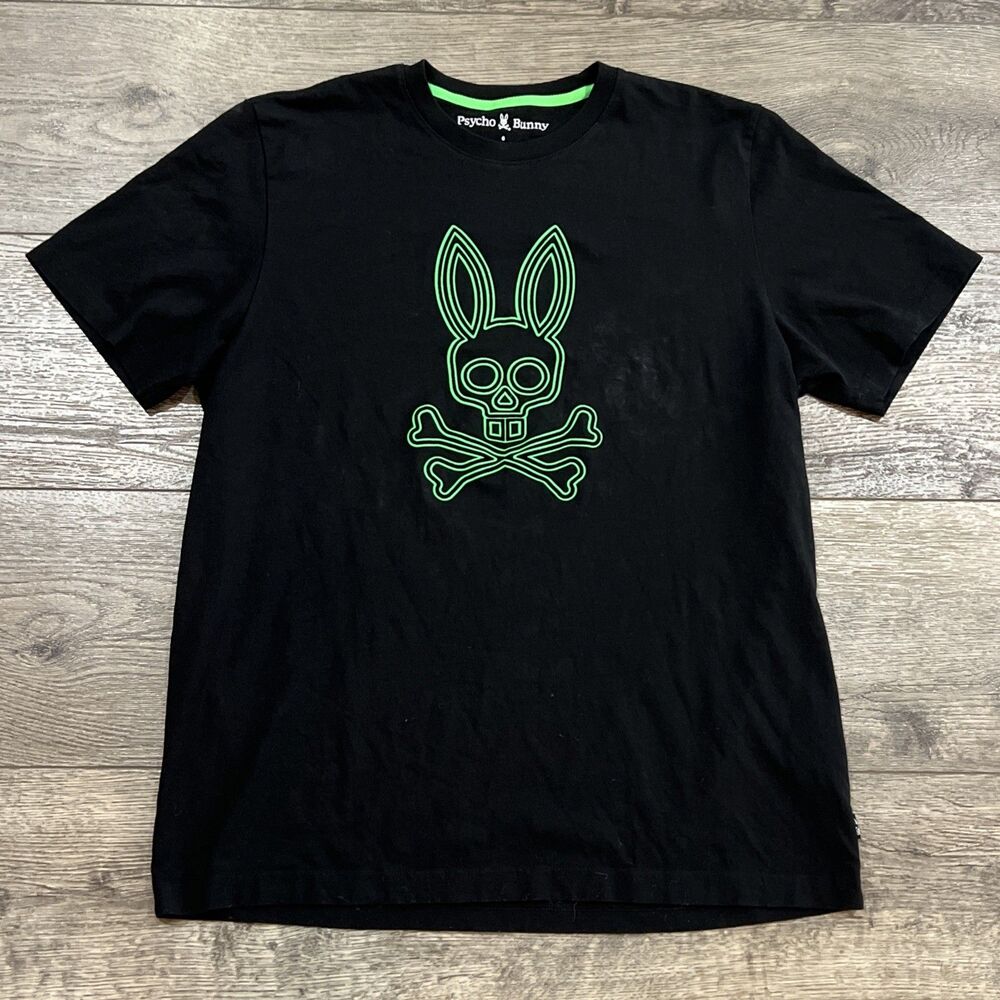 Psycho Bunny T-Shirt Black Neon Green Skull Logo Pima Cotton - Men's L Size 6